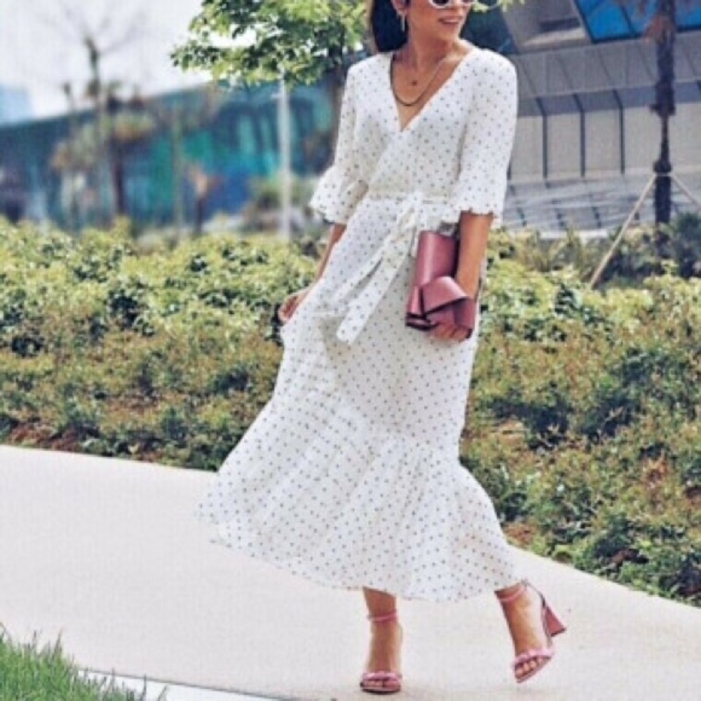 H&M Polka Dot Ivory White Ruffle 3/4 Sleeve Wrap Maxi Dress NWT Size 2